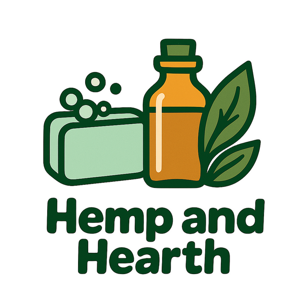 Logo of Hemp and Hearth with a bottle, soap, and leaves on a white background